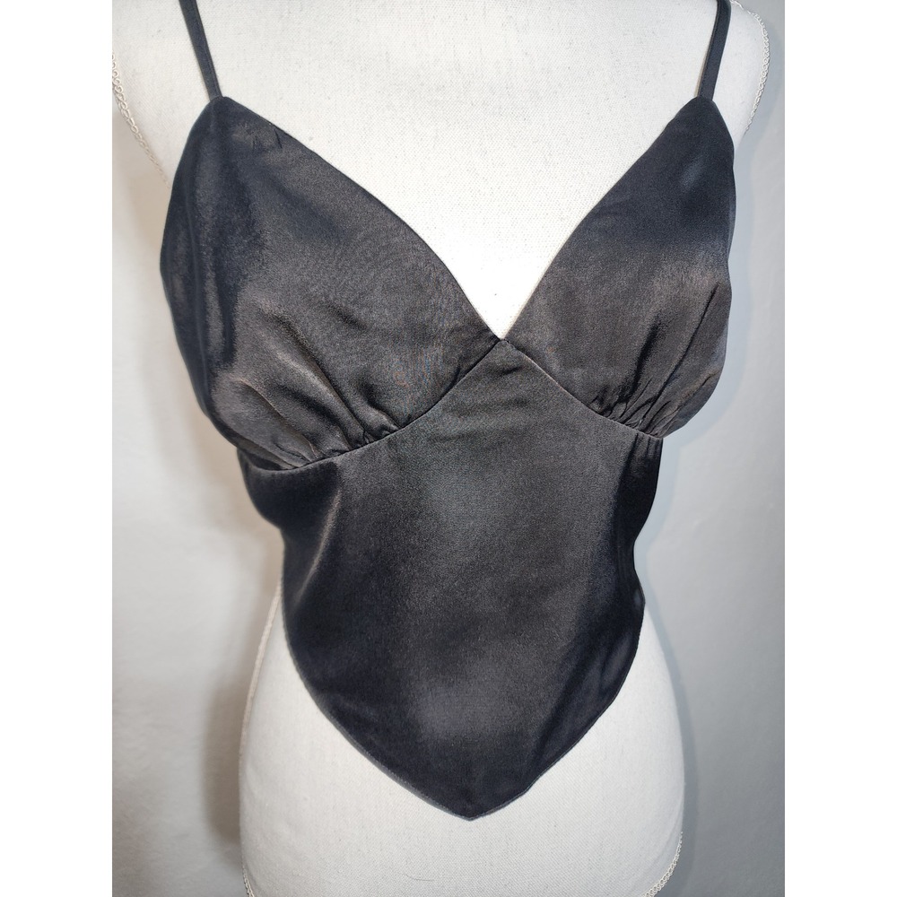 She + Sky Crop Top Women Large Black Satin Handkerchief Hem Tie Back SY1347